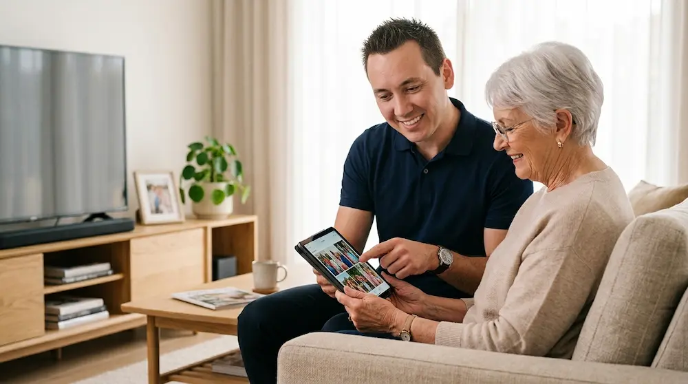 Friendly technology helper assisting a senior with a tablet
